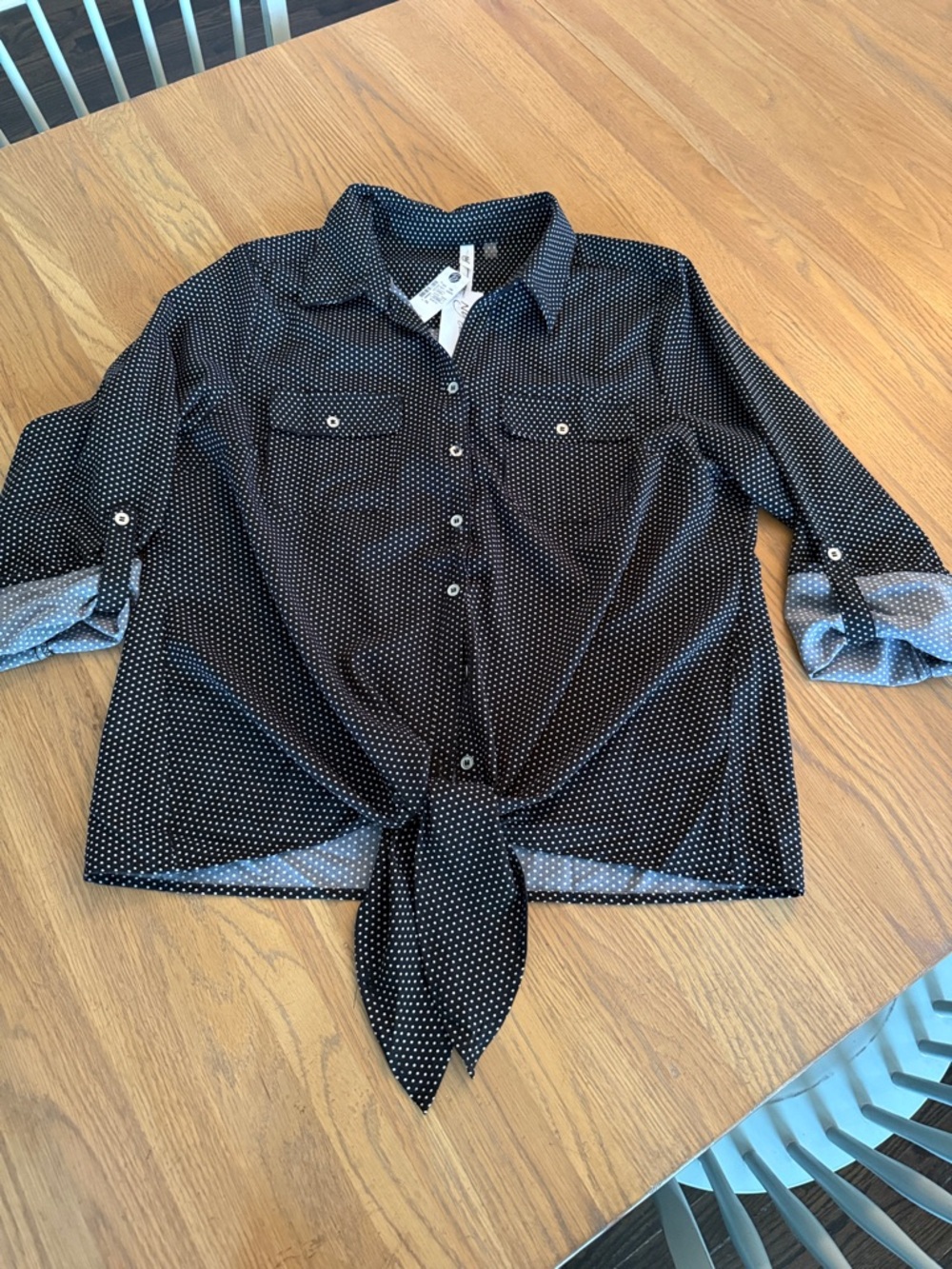 NY Collection Black Button-Down Shirt with White Polka Dots